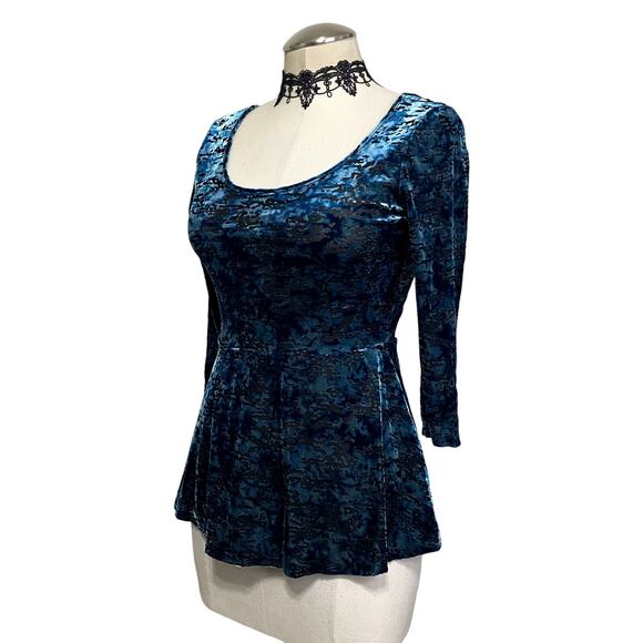 Decree Whimsygoth Gothic Blue Velvet Semi Sheer Fitted Blouse - Picture 5 of 11